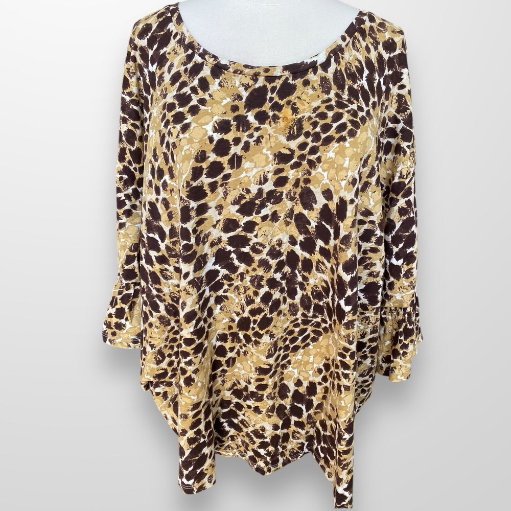 Roaman's Womens Size 3X‎ Top Shirt Ruffle Sleeve Animal Print Lightweight